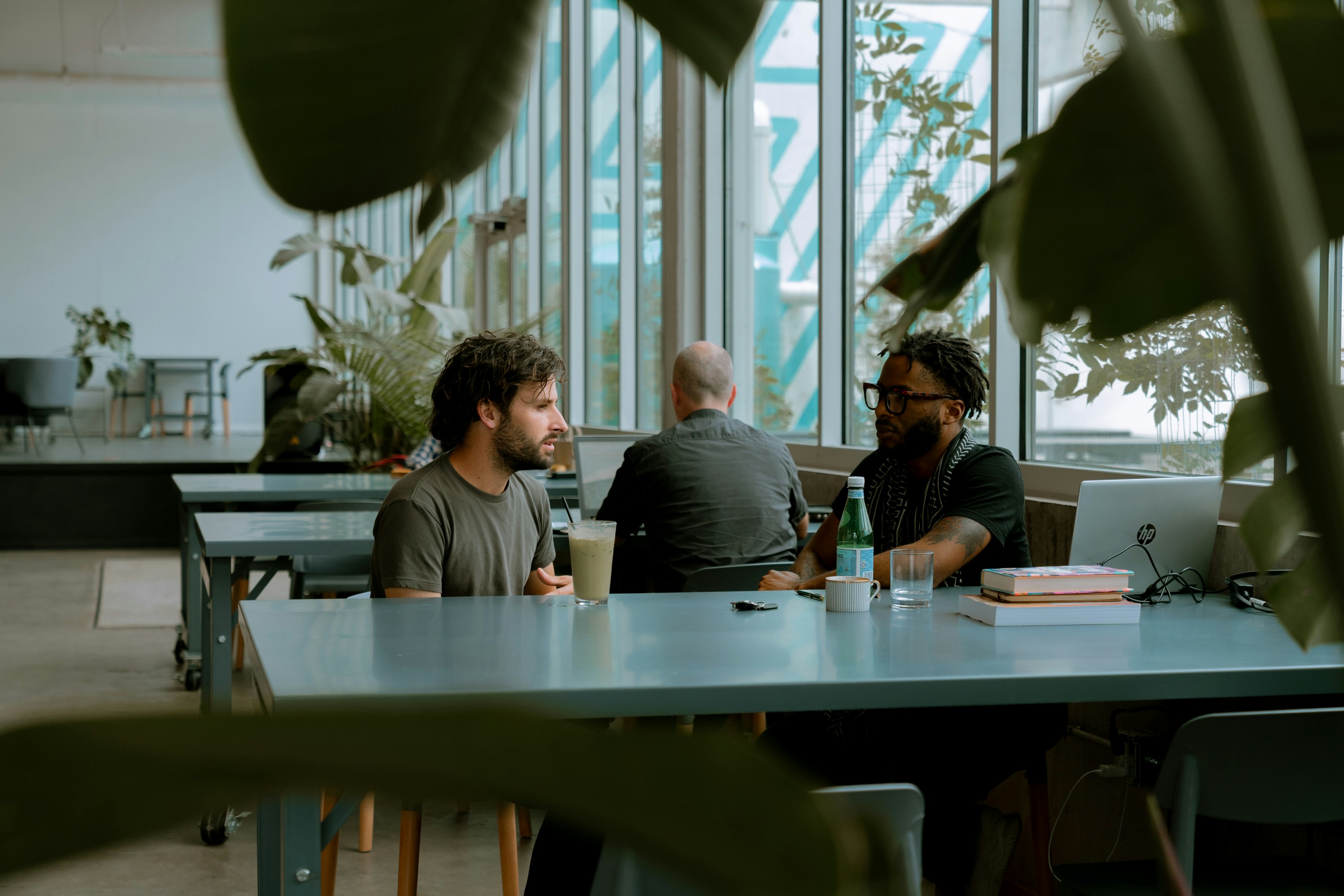 Two colleagues in conversation at a shared table in a bright, plant-filled office